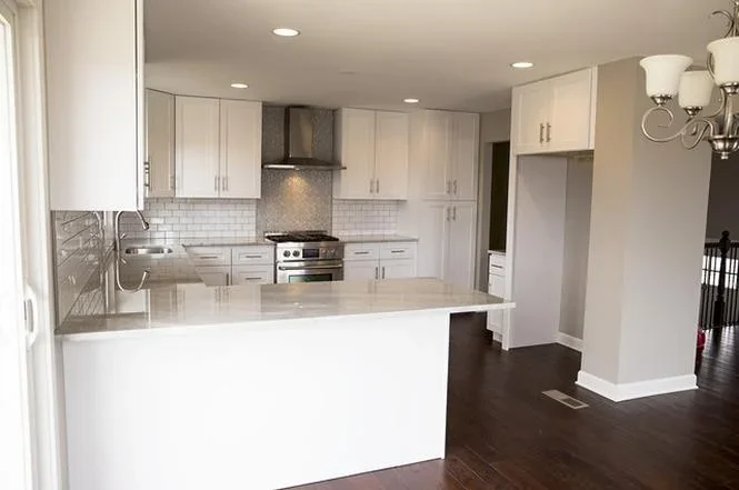 Modern kitchen with white cabinets, island, and stainless steel appliances